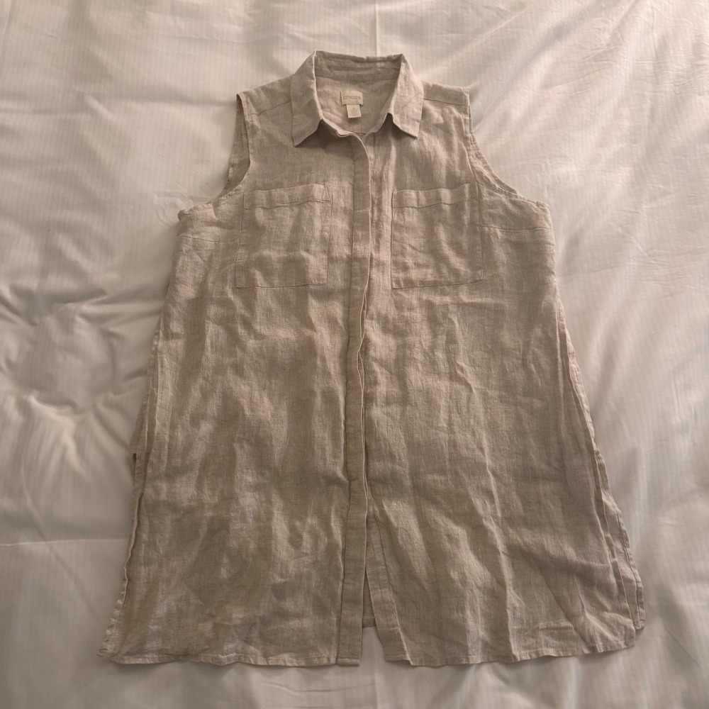NWT Chico's 100% Linen Sleeveless Shirt Cream Hidden Side Slit Tank‎ Top Sz XL-P - Picture 2 of 9
